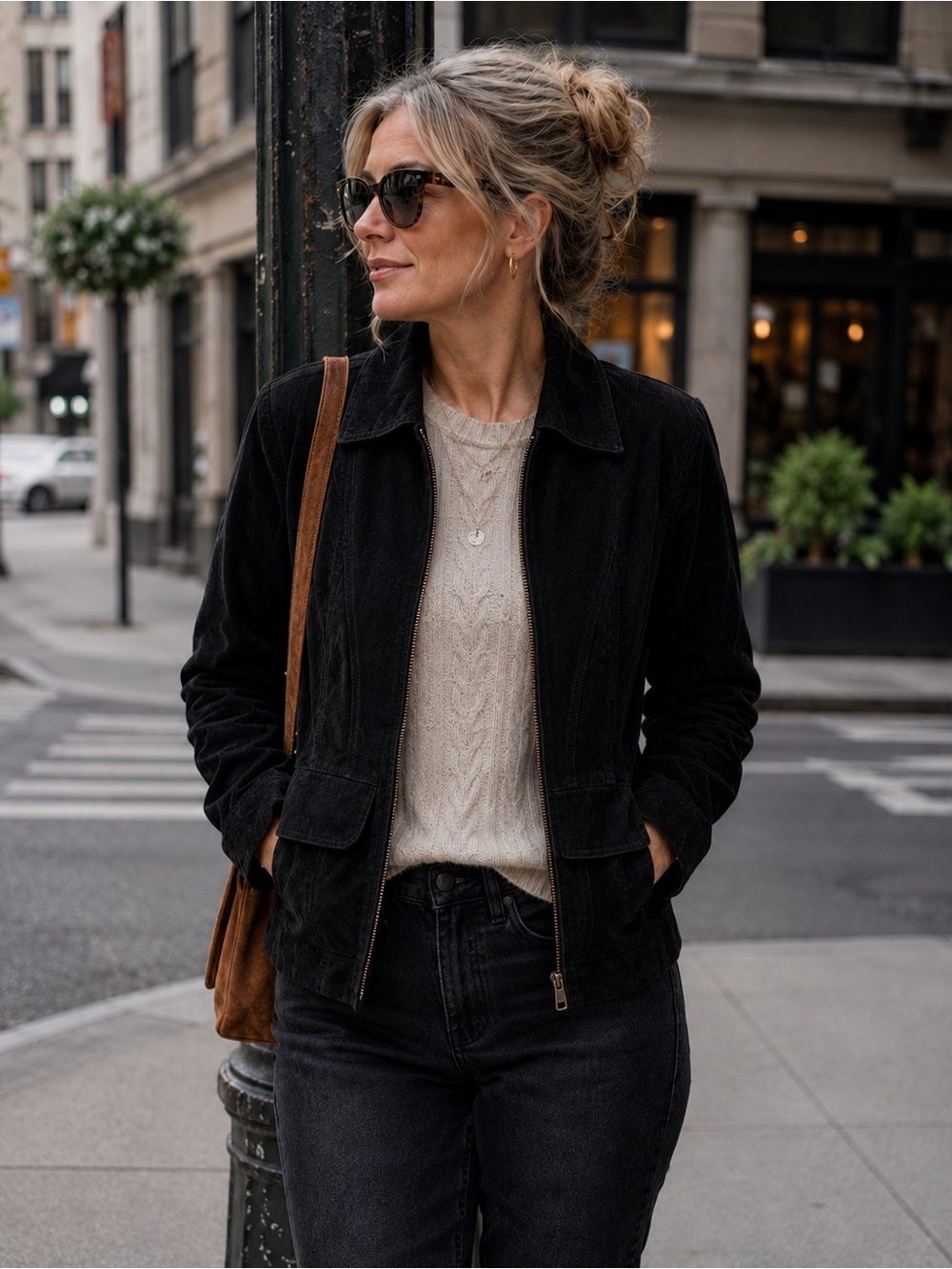 90s Minimalist / Quiet Luxury Anne Klein Black Suede Leather Jacket L